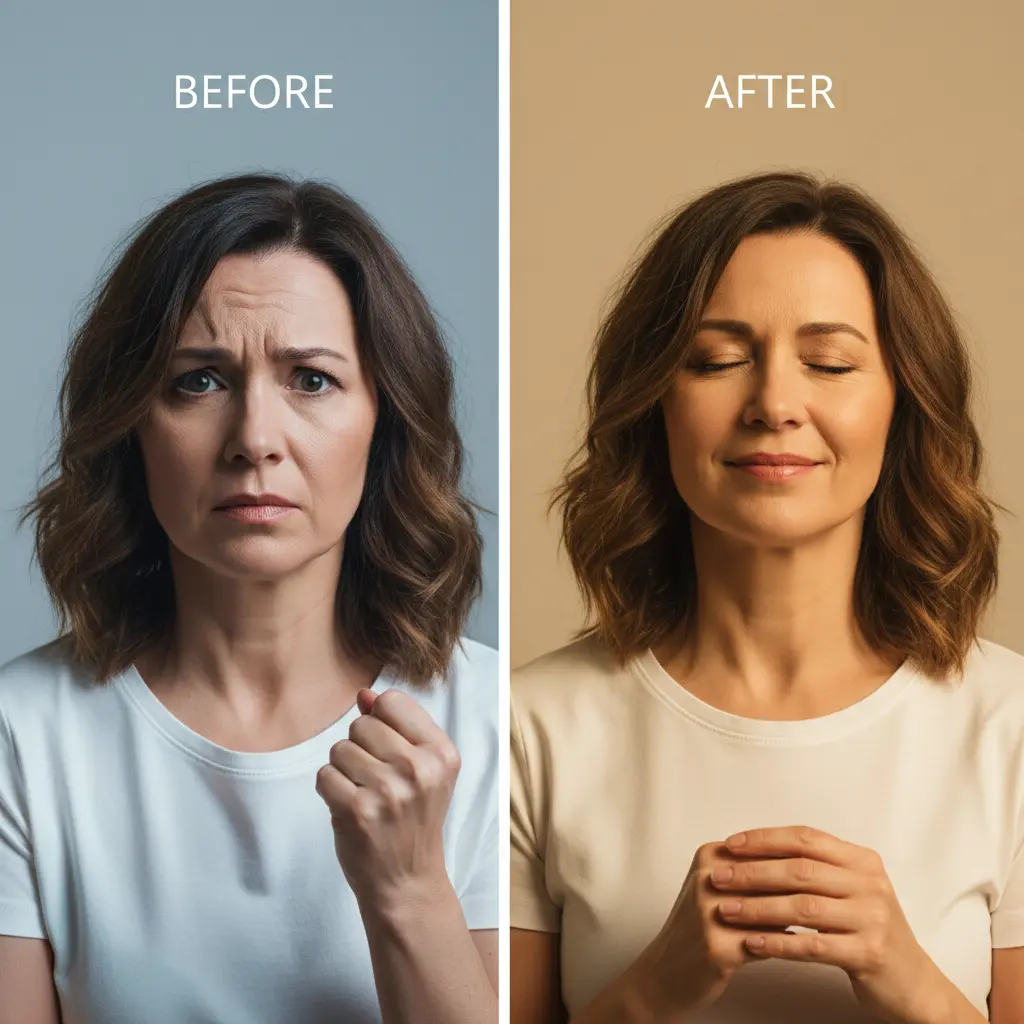 A split image showing a middle-aged woman with brown hair. On the left, she appears frustrated and tense, representing emotional overwhelm and struggle. On the right, she is calm and content, symbolizing restored harmony and inner peace after spiritual healing.